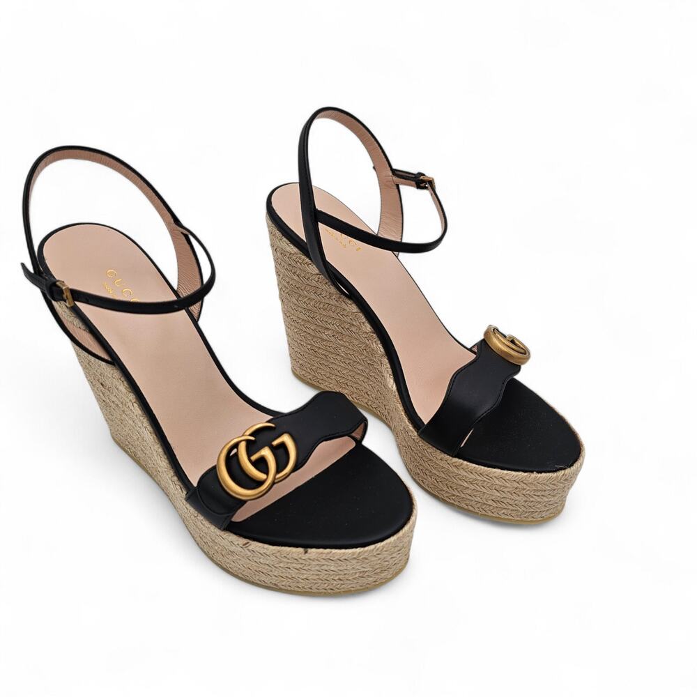 Gucci GG Marmont Aitana Platform Wedge Sandal Black Leather Size 41.5 US 11.5 - Picture 4 of 12